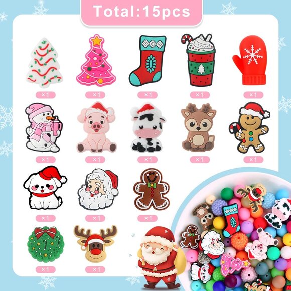 Christmas 15Pc Silicone Focal Beads for DIY Beadable Pens Keychain Making gifts - Picture 2 of 3
